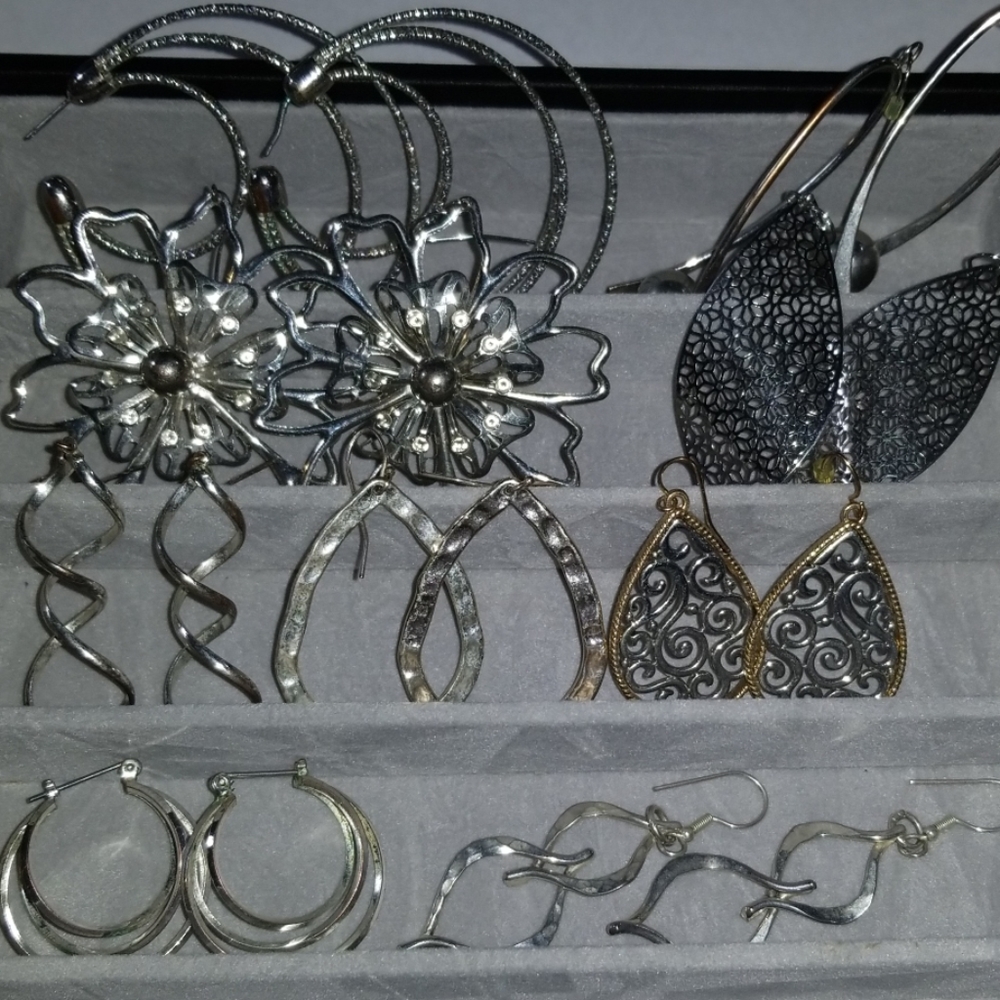 Earrings Lot 9 Pair Silver Tone Mix Bulk Dangle +